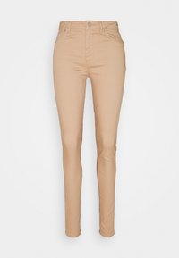 Beiga skinny jeans tillverkade av elastisk bomullsblandning, med hög midja, fem fickor, framknäppning och dragkedja. Slät textur, enhetlig färg.