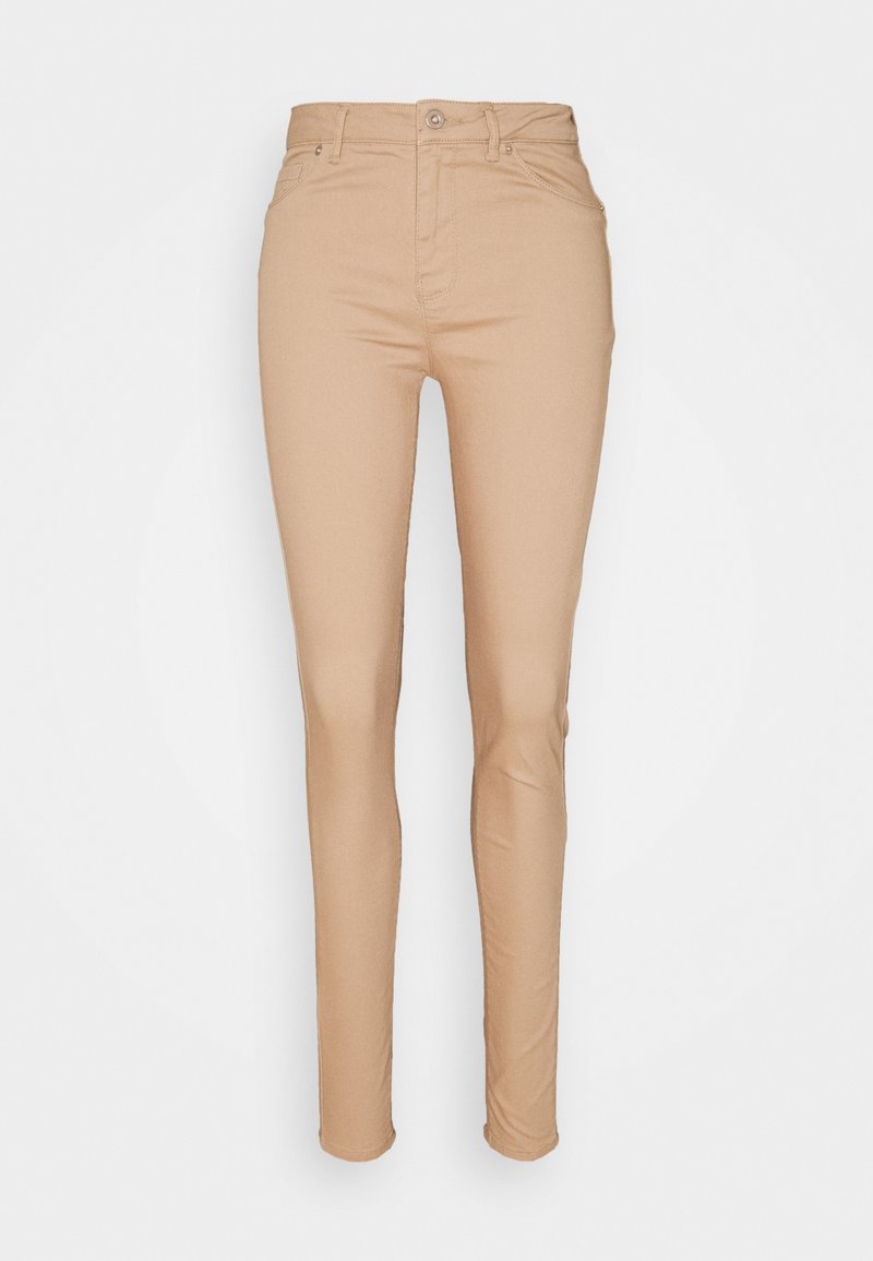 Beiga skinny jeans tillverkade av elastisk bomullsblandning, med hög midja, fem fickor, framknäppning och dragkedja. Slät textur, enhetlig färg.