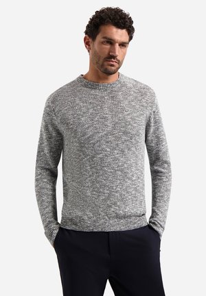 Man met krullend donker haar, gekleed in een grijs gemêleerde gebreide trui en zwarte broek, met zijn handen in zijn zakken, tegen een effen lichte achtergrond.