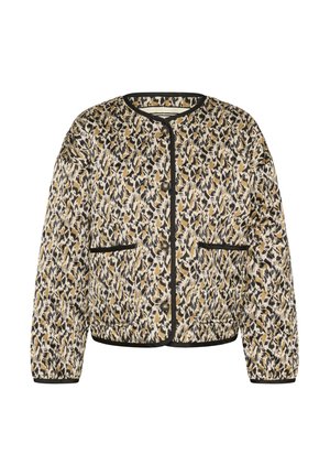 Blouson aviateur matelassé en beige, noir et moutarde avec un motif floral, doté de deux poches à l'avant et d'un bord noir le long des extrémités.