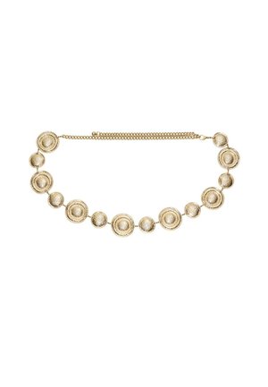 Opasok reťaz zlatého tónu s striedajúcimi sa veľkými a malými okrúhlymi diskami s textúrou a nastaviteľným zapínaním.