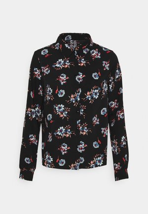 Zwarte lange mouwen blouse met knopen, blauw-wit-rood bloemenpatroon en puntige kraag.