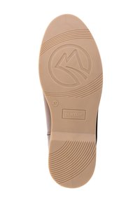 Zool van een schoen met een rubberen constructie in een beige kleur, met gestructureerde patronen en een logo. Maatindicator "37" aanwezig.