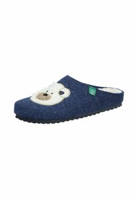 Navy felt slipper with a cream bear face detail on the front. Soft inner lining, textured outsole with a raised pattern. Green logo tag on side.
