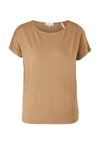 T-shirt uni marron clair à manches courtes, col rond, coupe médium, avec une petite étiquette de marque à l’intérieur du col.