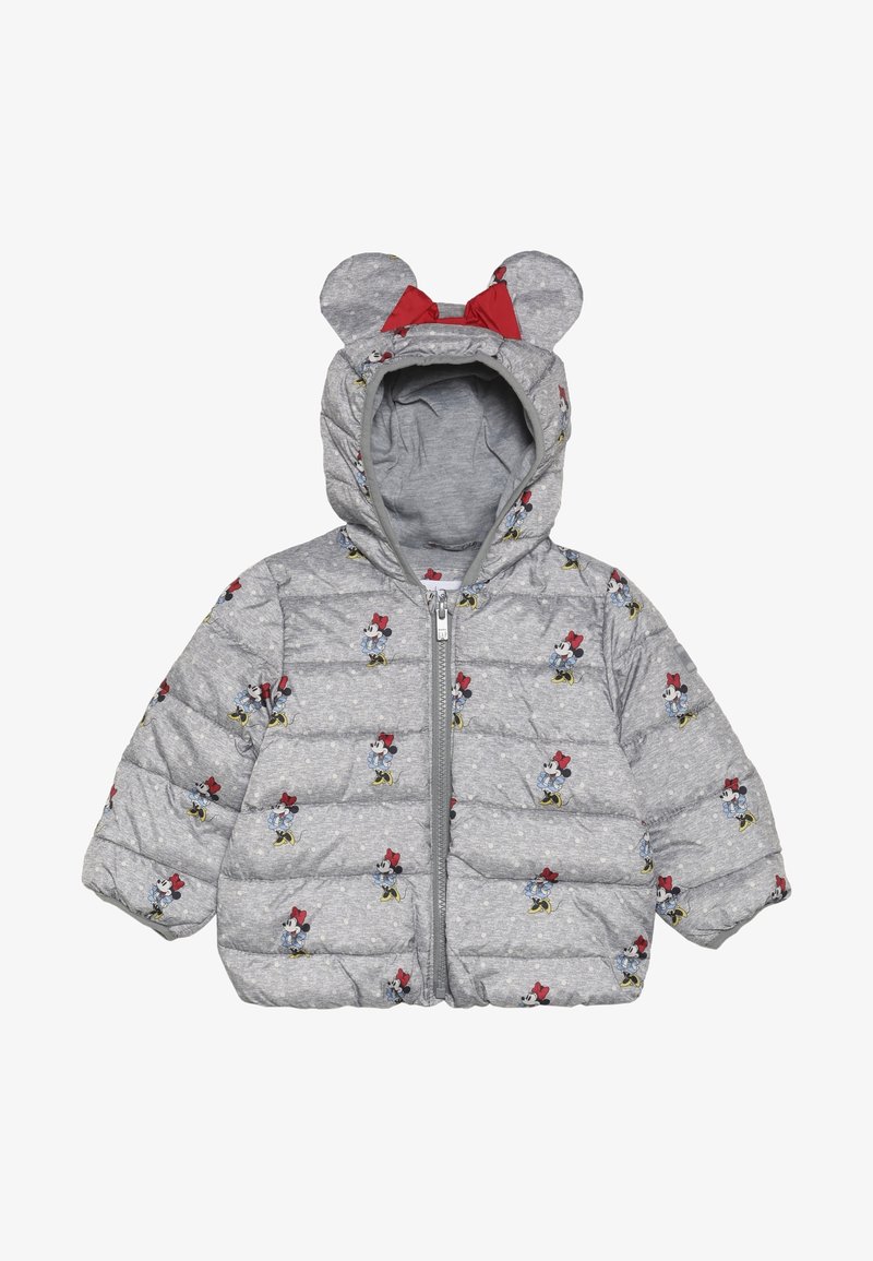 Veste matelassée grise pour enfants avec motif Minnie Mouse, fermeture à glissière, capuche avec oreilles et un nœud rouge sur le dessus.