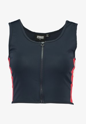 Námornícky krátky top s predným zipsom, s červenými a bielymi pruhmi na bokoch. Vyrobený z hladkého, elastického materiálu. Viditeľná značka Urban Classics.