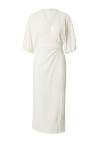 Weißes Wickelkleid mit V-Ausschnitt und kurzen Puffärmeln. Hergestellt aus einem strukturierten Stoff mit dezentem Blumenmuster. Knielang.