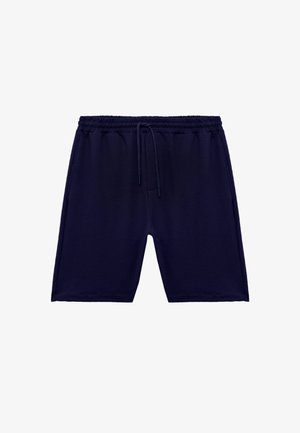 Marineblaue Shorts aus weichem Material, ausgestattet mit einem elastischen Bund mit Kordelzug, Seitentaschen und einer lockeren Passform.