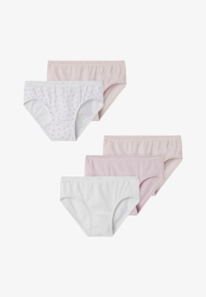 Set di cinque mutandine in morbido cotone. I colori includono bianco, rosa chiaro e una coppia bianca con piccoli cuori rosa. Presenta una vita elastica.