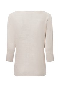 Top lavorato a maglia di un beige chiaro con maniche a tre quarti, caratterizzato da un motivo testurizzato e un ampio scollo quadrato. Tessuto liscio e morbido.