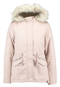 Ljusrosa jacka med huva i fuskpäls, två dragkedjeförsedda framfickor, dragkedjestängning och ett mjukt, texturerat tyg.