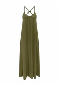 Olivegrøn maxi kjole, uden ærmer med en rund halsudskæring og justerbare krydsgående stropper. Blødt, let stof med en flydende fald.