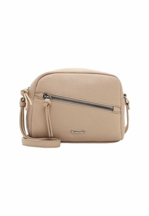 Beige gestructureerde leren crossbodytas met verstelbare band en diagonale voorzak met ritssluiting.
