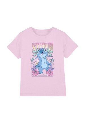 Pink cotton t-shirt featuring a cartoon character, floral accents, and multicolored text stating "STITCH ALL SUMMER LONG."
