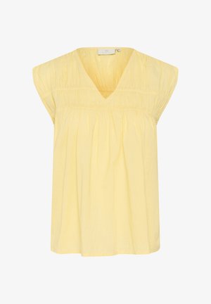 Gul, kortärmad topp med V-ringning, som har rynkade detaljer och veck för struktur, gjord av lätt tyg.