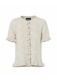 Světlý béžový kardigan s krátkým rukávem, s volány na přední části a ozdobným lemováním, má kulatý výstřih a drobné knoflíkové detaily uprostřed.