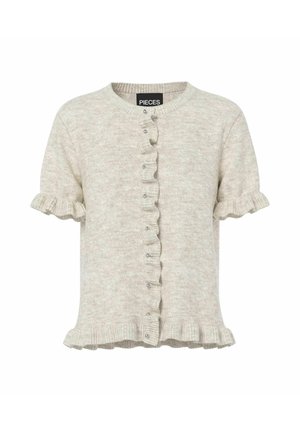 Cardigan corto a maniche corte di un beige chiaro con davanti arricciato e bordo dei polsini rifinito, dotato di scollatura rotonda e piccoli dettagli con bottoni lungo il centro.