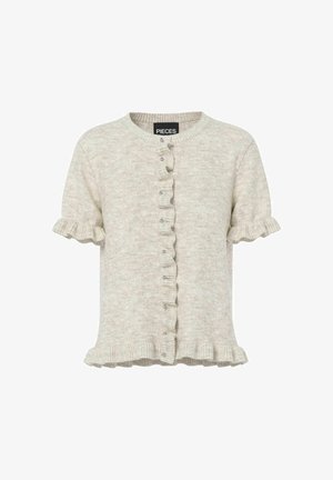 Helle beige Kurzarm-Cardigan mit gewelltem Vorderteil und ärmeln im Saum, runden Ausschnitt und kleinen Knopf-Details entlang der Mitte.