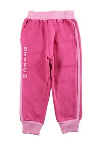 Pantalon de survêtement rose avec taille et poignets élastiques. Comprend des bandes blanches sur les côtés et le mot « STITCH » imprimé en blanc sur la jambe gauche.