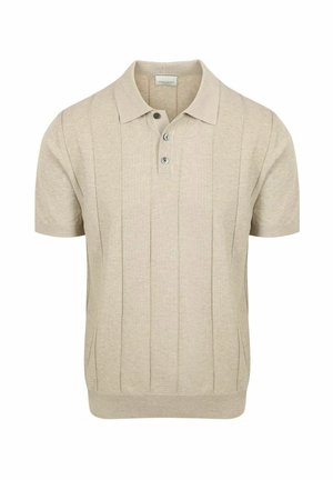 Beige gebreide korte mouwen polo met verticaal geribbeld patroon, twee knopen sluiting en een zachte kraag.