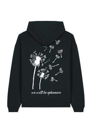 Black hoodie featuring a white dandelion design and the text "we will be ephemere" on the back. Soft fabric with a relaxed fit.