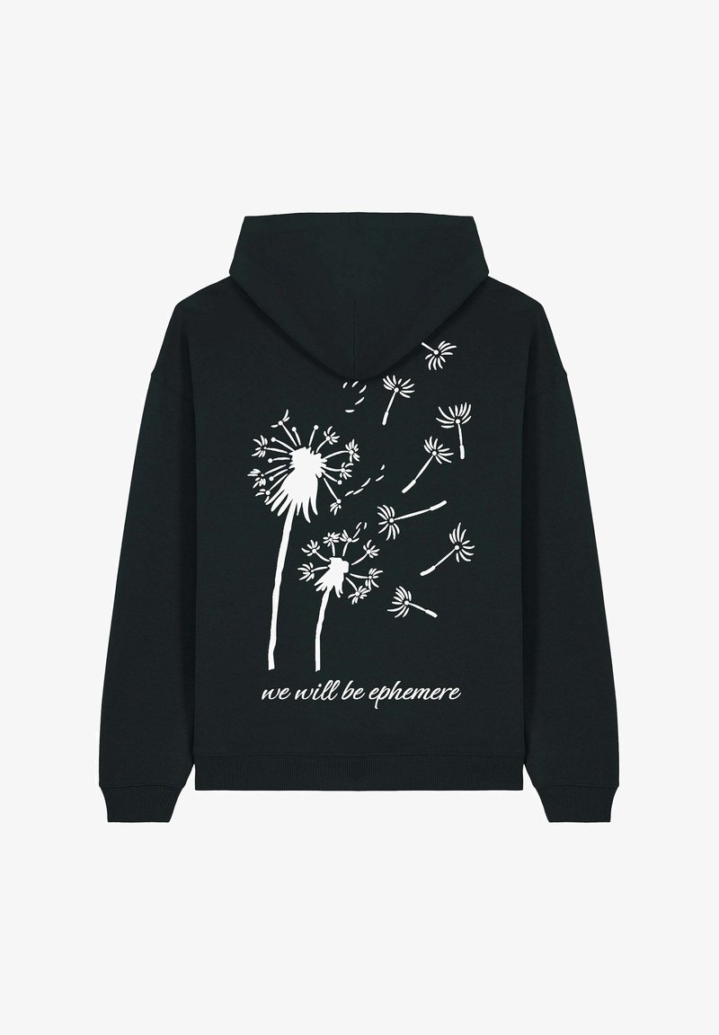 Sudadera negra con un diseño de diente de león blanco y el texto "seremos efímeros" en la parte de atrás. Tejido suave con un corte relajado.