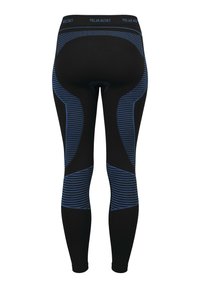 Schwarze Leggings mit blauen Streifenakzenten und Mesh-Mustern, mit einer figurbetonten Passform und einem elastischen Bund, der mit "Polar Husky" beschriftet ist.