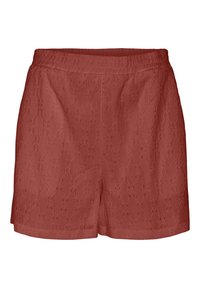 Korte broek in roestkleurige, gestructureerde stof met een platte tailleband, uitgevoerd met een losse pasvorm en recht uitgesneden broekspijpen. Geen zichtbare zakken of sluitingen.