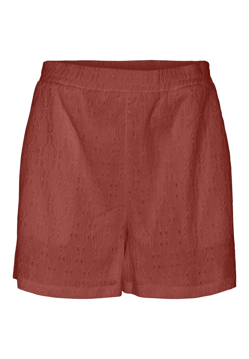 Korte broek in roestkleurige, gestructureerde stof met een platte tailleband, uitgevoerd met een losse pasvorm en recht uitgesneden broekspijpen. Geen zichtbare zakken of sluitingen.