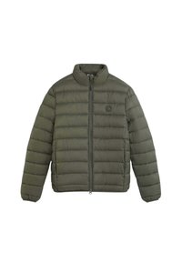 Chaqueta acolchada en verde oliva, con cuello alzado, cremallera frontal y patrón de acolchamiento horizontal. Fabricada con material ligero y resistente al agua.