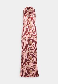 Robe longue à col licou, en tissu lisse avec un motif tourbillonnant audacieux rose et bordeaux. Jambes de pantalon évasées.