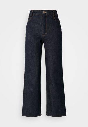 Dark blue denim wide-leg jeans with a high waist, featuring gold stitching, a front button closure, and two side pockets.