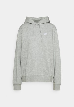 Hellgrauer Nike-Hoodie mit vorderer Kängurutasche, Kapuze mit Kordelzug, gerippten Bündchen und Saum sowie kleinem weißem Nike-Logo auf der Brust.