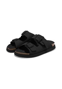 Chanclas negras de slide con dos correas ajustables, plantilla de corcho, suela de goma plana y textura mate suave.