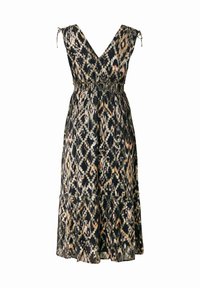 Gemustertes Kleid aus leichtem Stoff, mit V-Ausschnitt, verstellbaren Schulterbändern, Empire-Taille und ausgestellt geschnittenem Saum. Die Farben sind schwarz, beige und Akzente in Rosa.
