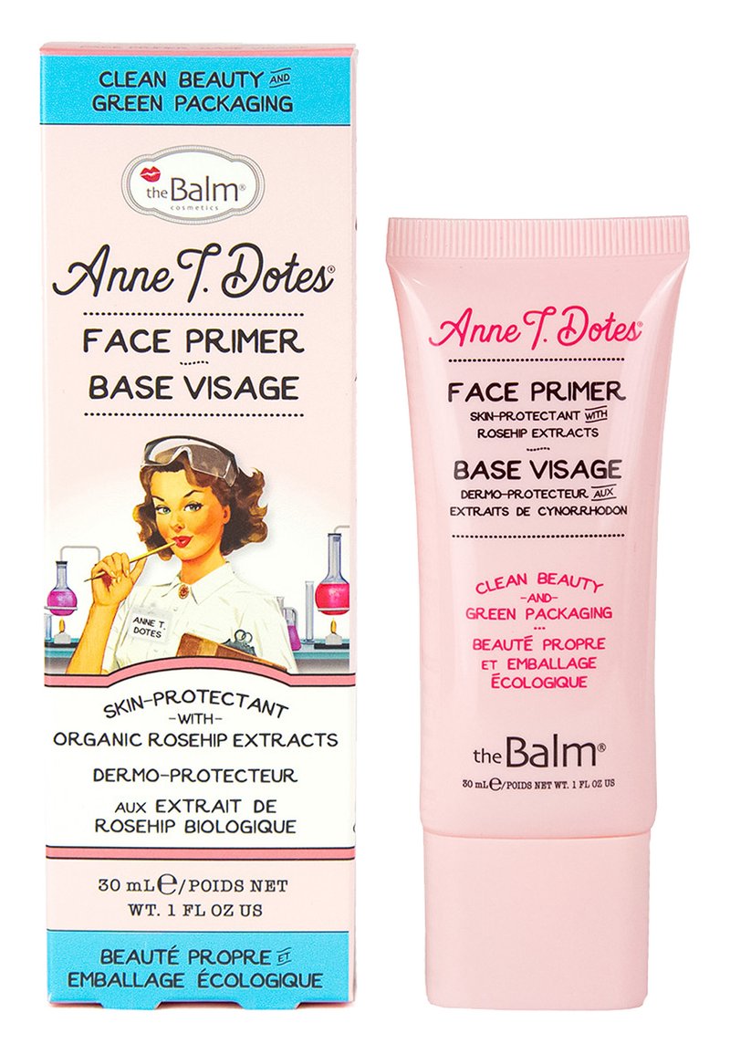Base de maquillage dans un tube en plastique rose avec des accents blancs. La boîte présente un design vintage avec une femme et du matériel de laboratoire. Contient des extraits d'églantier.