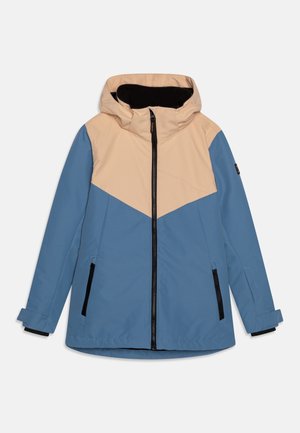 Two-tone hooded jacket with beige upper and blue lower sections, front zipper, zippered side pockets, and adjustable wrist straps.