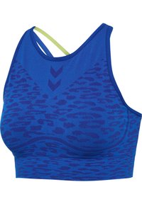Blauwe sportbeha met een luipaardprintpatroon, gemaakt van rekbare stof. Het heeft een ronde halslijn en een dubbele bandontwerp in contrasterende kleur.