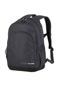 Grijze stoffen rugzak met twee ritssluitingen, gevoerde riemen en een zijvak van gaas. Voorzien van een zwarte onderkantaccent en logo.