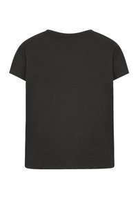 Black short-sleeved cotton t-shirt with a crew neckline. Smooth texture and standard fit, featuring no visible logos or patterns.