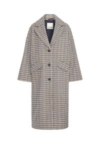 Cappotto di lana lungo con pattern a quadri blu, beige e bianco, ampi revers e due tasche a patta.
