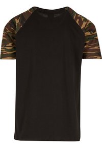 Black cotton t-shirt with camouflage-patterned short sleeves. Features a round neckline and a relaxed fit.