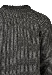 Grauer Strickpullover mit geripptem Muster, ausgestattet mit Rundhalsausschnitt und Raglanärmeln, die Wärme und Komfort im Design betonen.