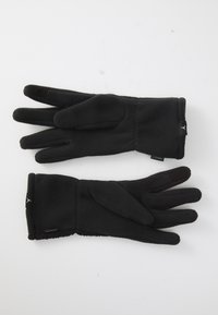 Et par sorte fleece-handsker med forlængede manchetter, touchscreen-kompatible fingerspidser og et lille mærke på hver håndled.