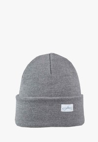 Gray knit beanie made from soft, stretchy material. Features a folded cuff and a small, white logo tag sewn on the front.