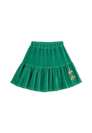Green velvet skirt with a flared design, featuring a gathered waistband and orange floral embroidery detail on one side.
