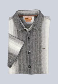 Folded short-sleeve button-up shirt with vertical black, gray, and white stripes and a collar, labeled "emilio adani" regular fit.