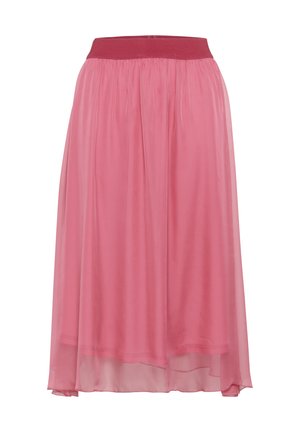 Jupe rose, longueur genou, avec une superposition lisse et transparente et une taille solide et élastique. Design fluide avec des plis froncés.