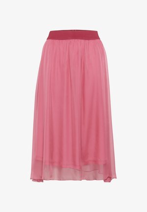 Pink, knee-length skirt with a smooth, sheer overlay and a solid, stretchy waistband. Flowy design with gathered pleats.